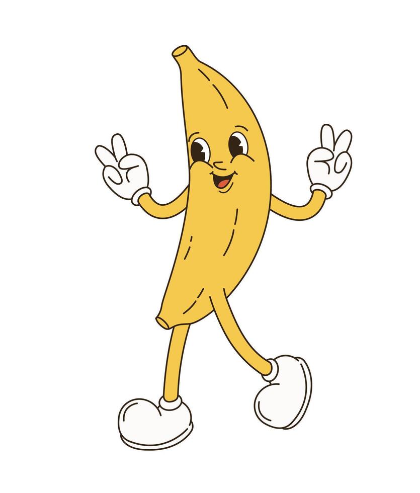 retro desenho animado personagem fruta definir. vetor engraçado ilustração com banana, cereja, limão, morango, Melancia