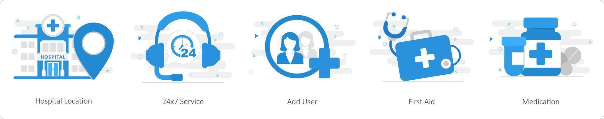 uma conjunto do 5 misturar ícones Como hospital localização, 24x7 serviço, adicionar do utilizador vetor