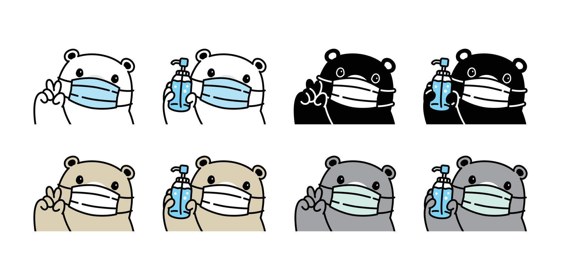 Urso vetor face mascarar covid-19 polar Urso coronavírus vírus ícone álcool gel Urso de pelúcia logotipo símbolo desenho animado personagem ilustração rabisco Projeto