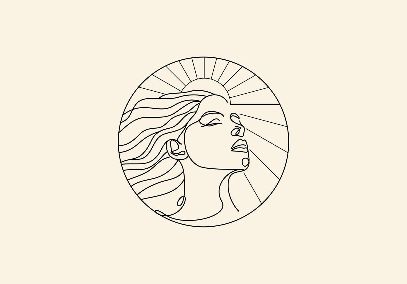 logotipo linha mulheres fechadas olho círculo forma com Sol raio ou luz do sol. boho, linha arte, handrawn logotipo conceito. editável cor vetor