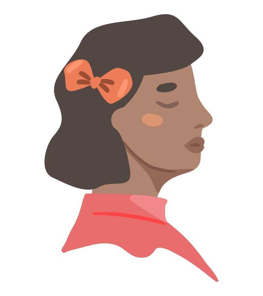 retrato do Sombrio esfolado mulher dentro chalé testemunho estética. menina face dentro perfil com arco. simples mão desenhado vetor ilustração isolado em branco. solteiro clipart para decoração, adesivo, projeto, cartão, impressão