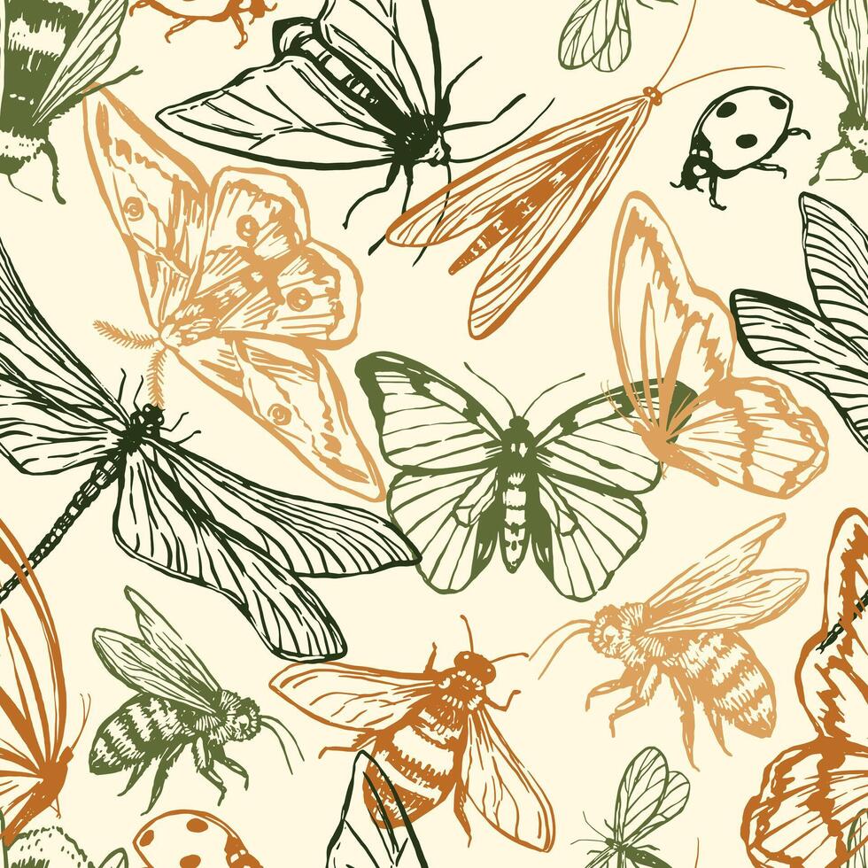 vôo insetos vetor desatado padronizar. ilustração do besouros, borboletas, libélulas, mariposas, joaninhas, abelhas. retro estilo enfeite para Projeto fundo, decoração, papel de parede.