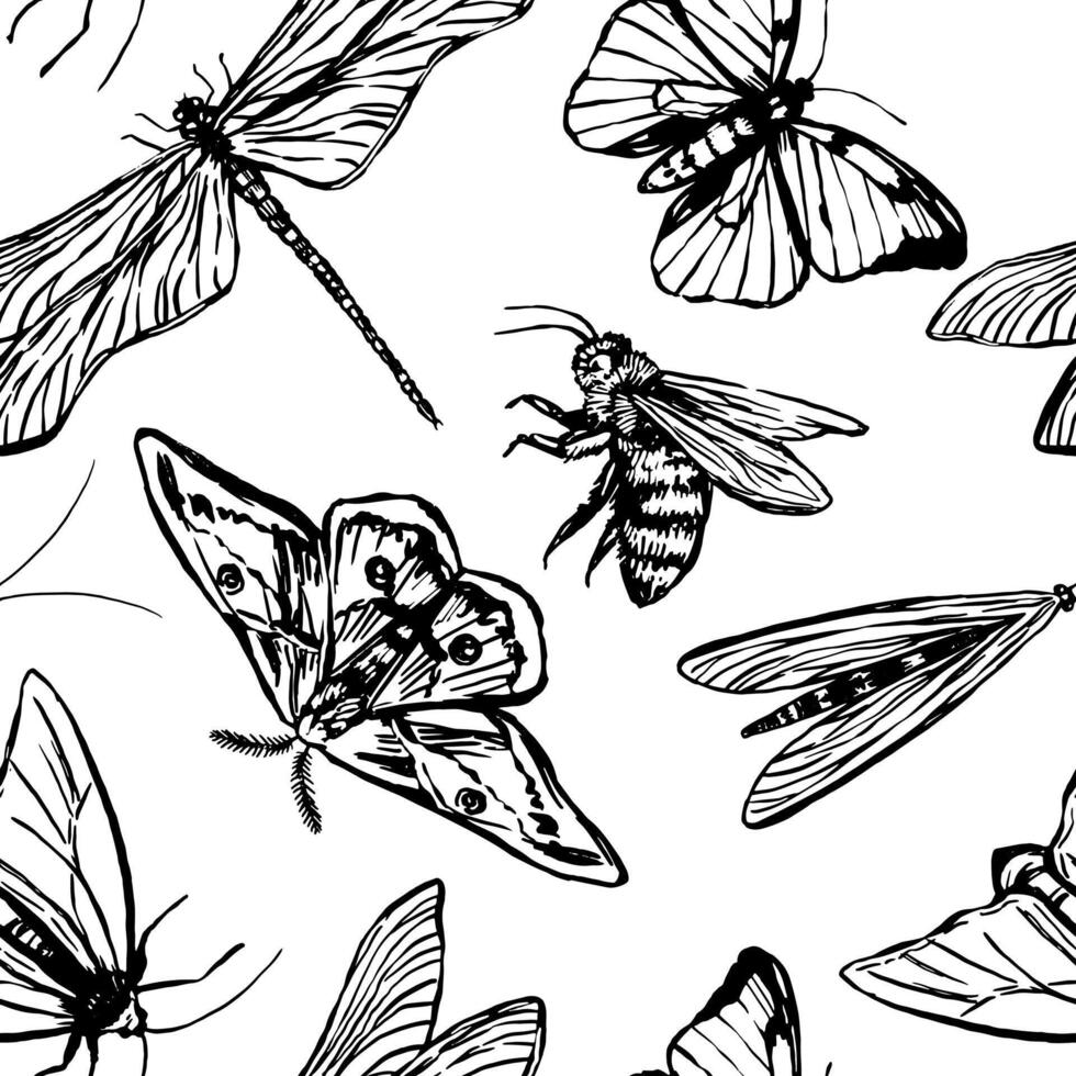 vôo insetos vetor desatado padronizar. mão desenhado ilustração do insetos, borboletas, libélula, mariposa, abelhas. retro estilo enfeite para Projeto fundo, decoração, papel de parede.