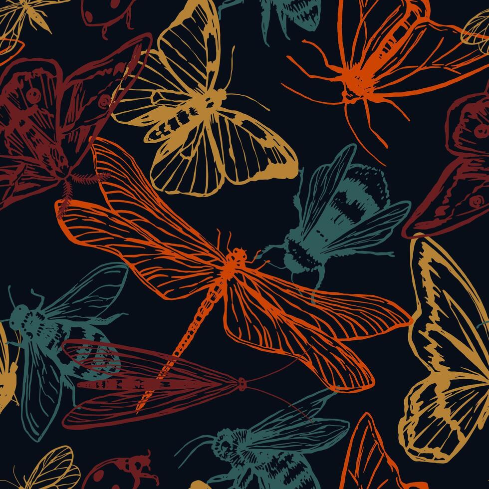 vôo insetos vetor desatado padronizar. ilustração do borboletas, libélulas, mariposas, abelhas. retro estilo enfeite para Projeto fundo, decoração, papel de parede.