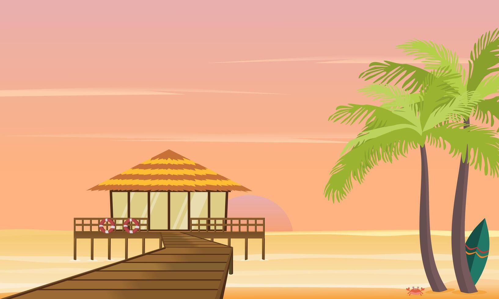 de praia cabana ou bangalô em tropical ilha recorrer com de madeira ponte às pôr do sol. vetor ilustração.