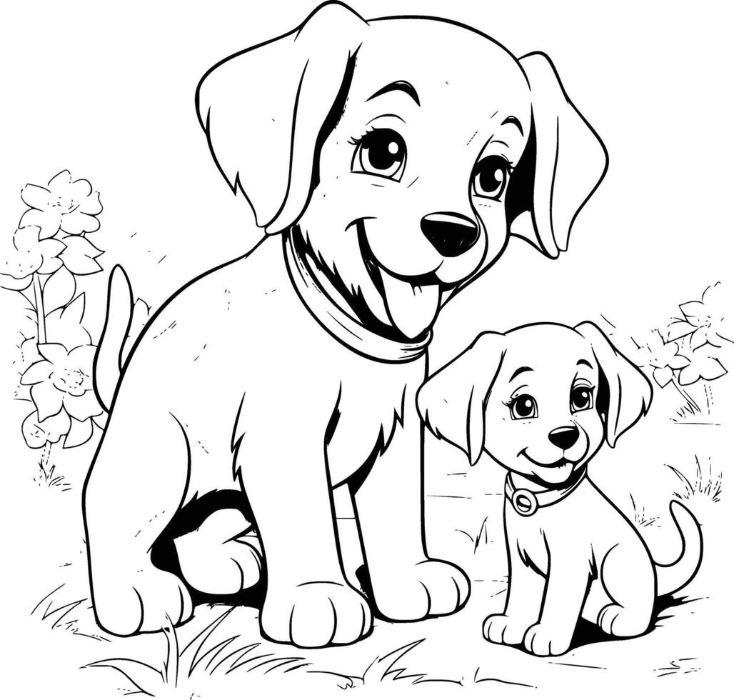 fofa mãe cachorro e cachorro coloração página desenhando para crianças vetor