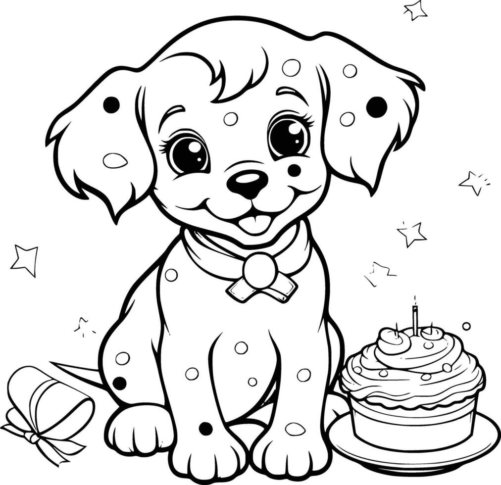 fofa cachorro aniversário coloração Páginas desenhando para crianças vetor