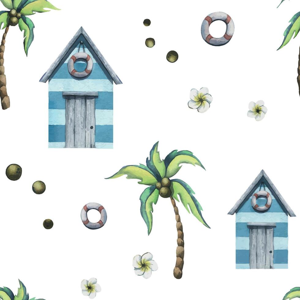 uma tropical ilha com uma de praia casa, uma bóia salva-vidas, coco Palmeiras, folhas, cocos. aguarela ilustração. desatado padronizar em uma branco fundo. para tecido, têxteis, papel de parede, embalagem, cobre vetor