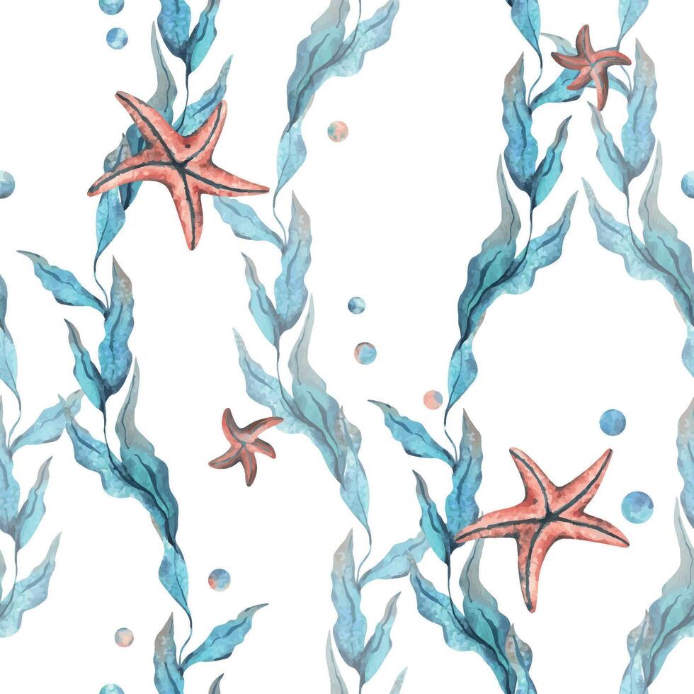 embaixo da agua mundo clipart com mar animais, bolhas, estrelas do mar e algas. mão desenhado aguarela ilustração. desatado padronizar em uma branco fundo. vetor