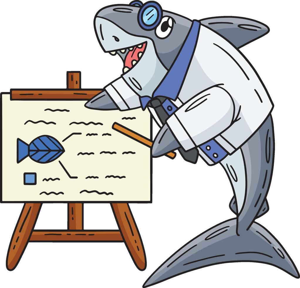 professor Tubarão com cavalete tela de pintura desenho animado clipart vetor