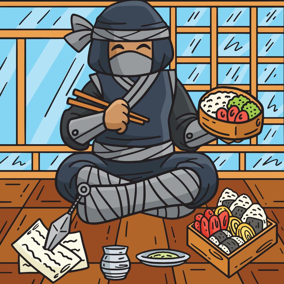 ninja comendo bento colori desenho animado ilustração vetor