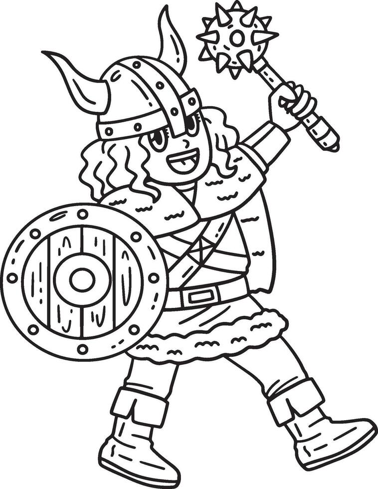 viking com maça e escudo isolado coloração página vetor