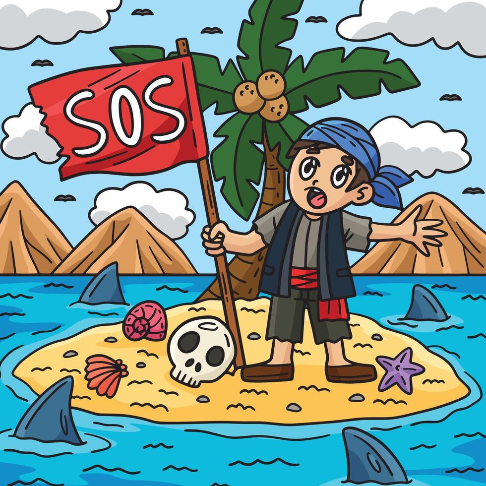 pirata com SOS bandeira colori desenho animado ilustração vetor