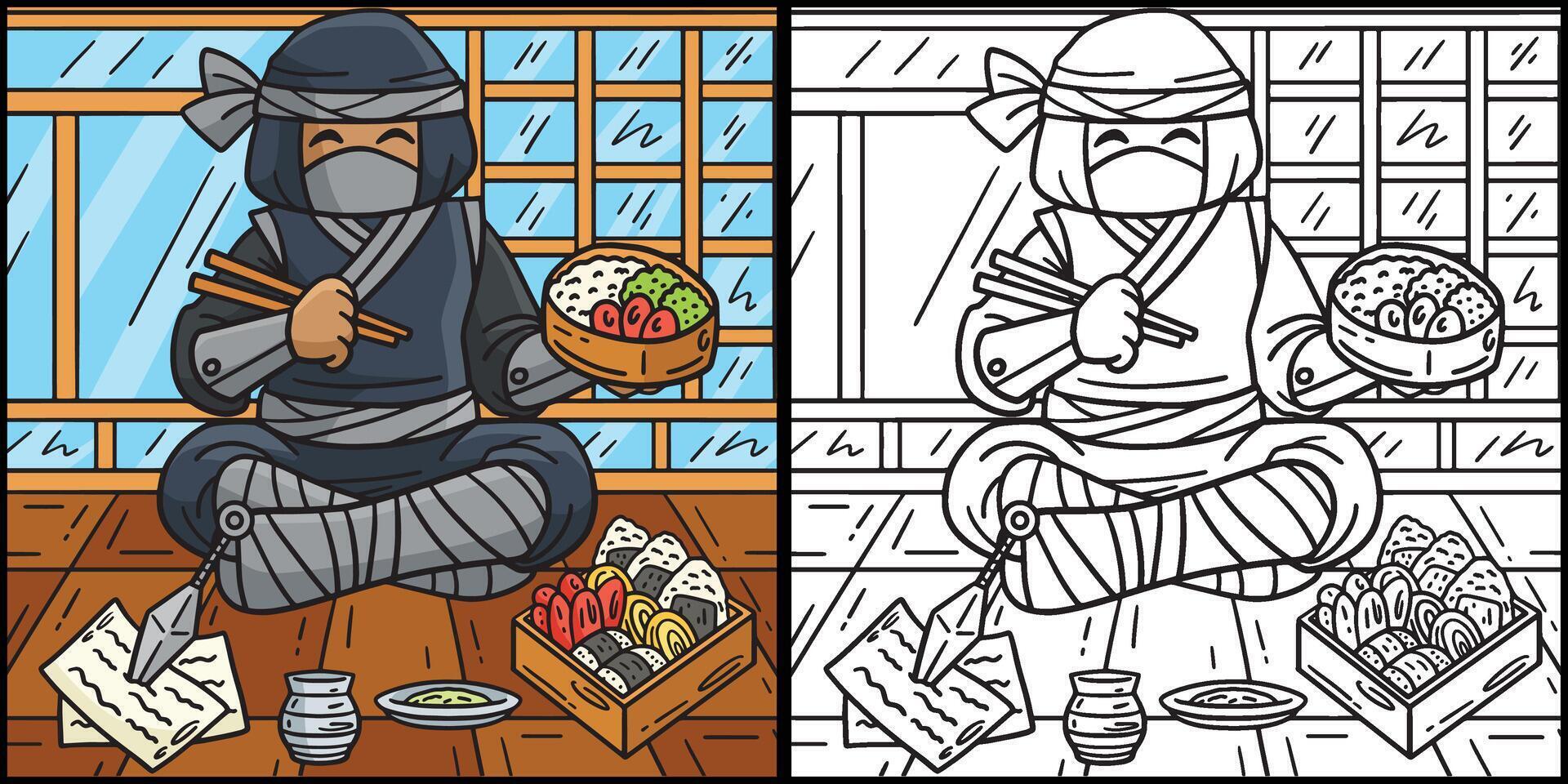 ninja comendo bento coloração página ilustração vetor