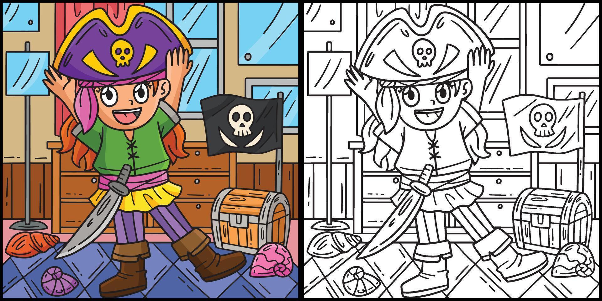 menina colocando em uma pirata chapéu coloração ilustração vetor