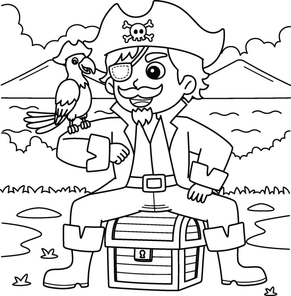 pirata com papagaio isolado coloração página para crianças vetor
