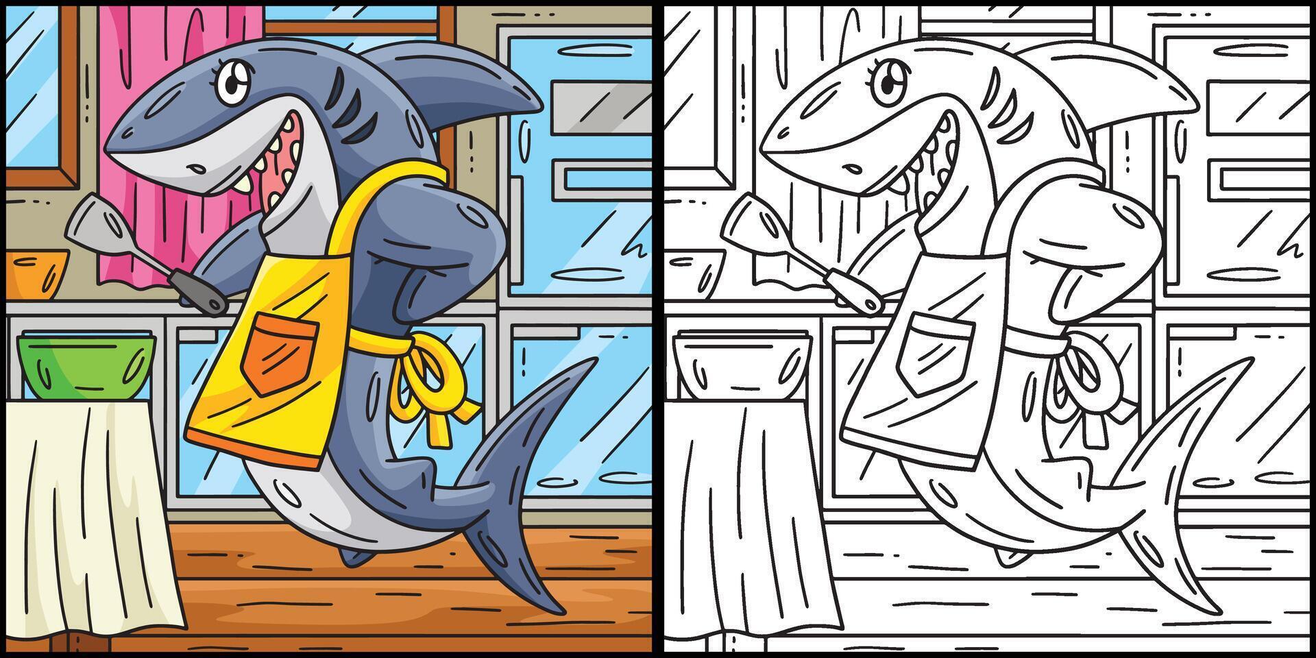 Tubarão com a avental e espátula ilustração vetor