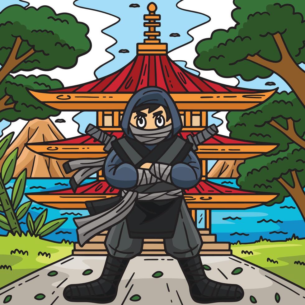 ninja dentro frente do pagode colori desenho animado vetor