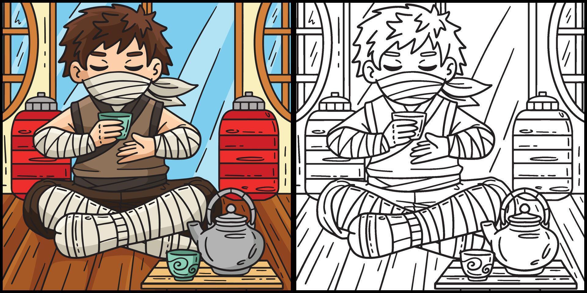 ninja bebendo chá coloração página ilustração vetor
