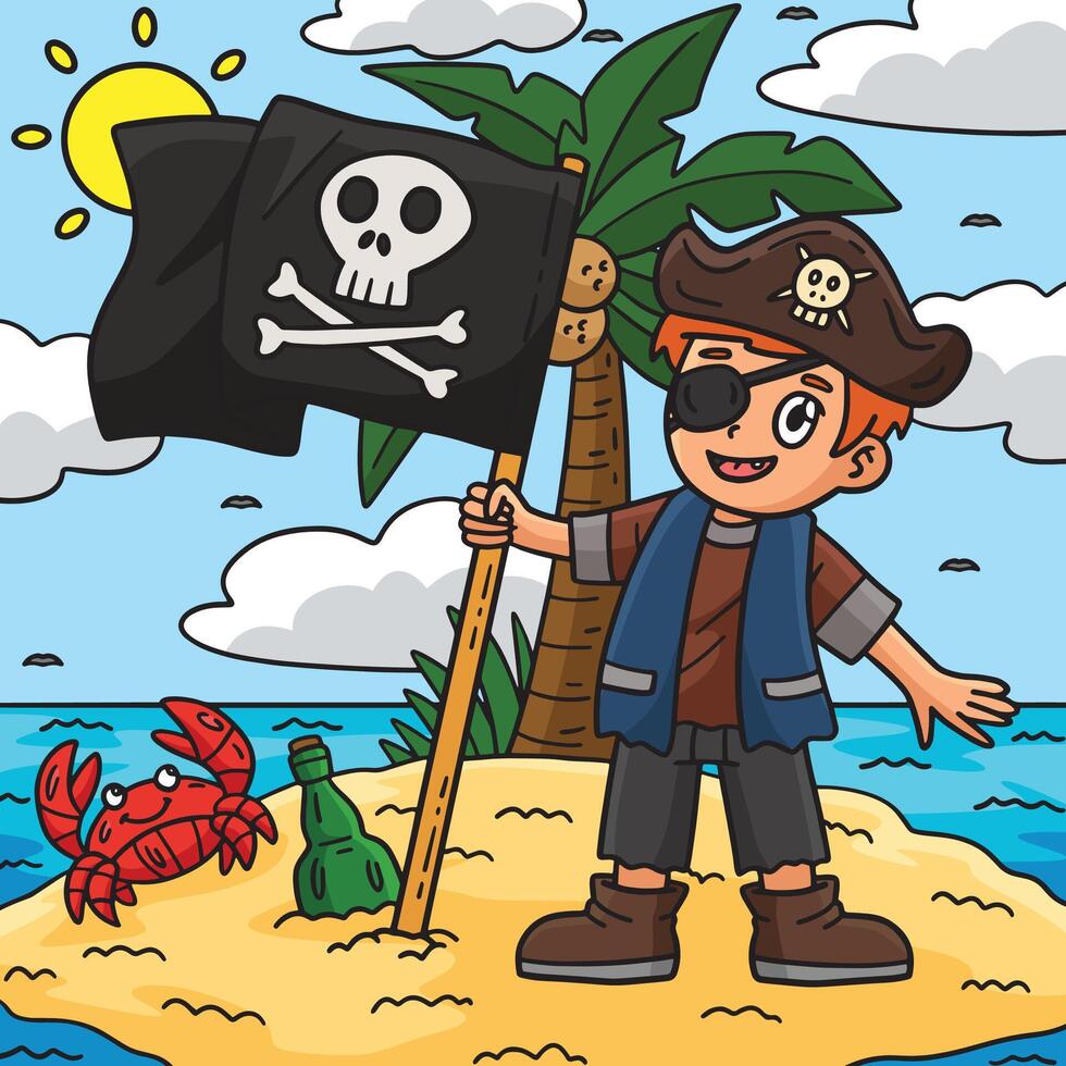 pirata e crânio bandeira colori desenho animado ilustração vetor