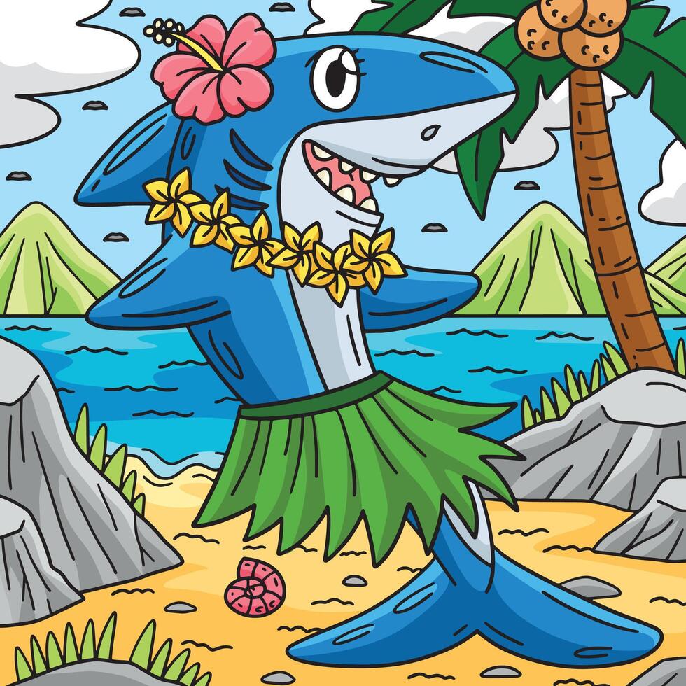 Tubarão vestindo flores e hula saia colori vetor