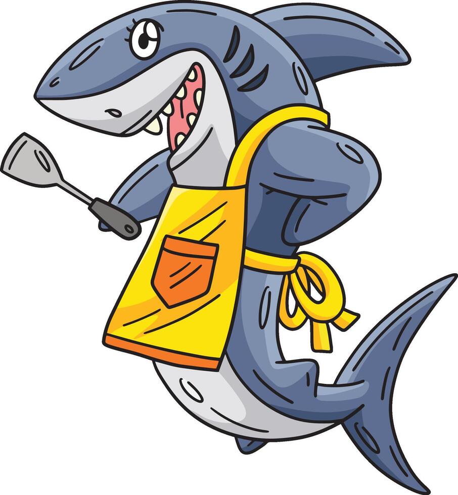 Tubarão com a avental e espátula desenho animado clipart vetor