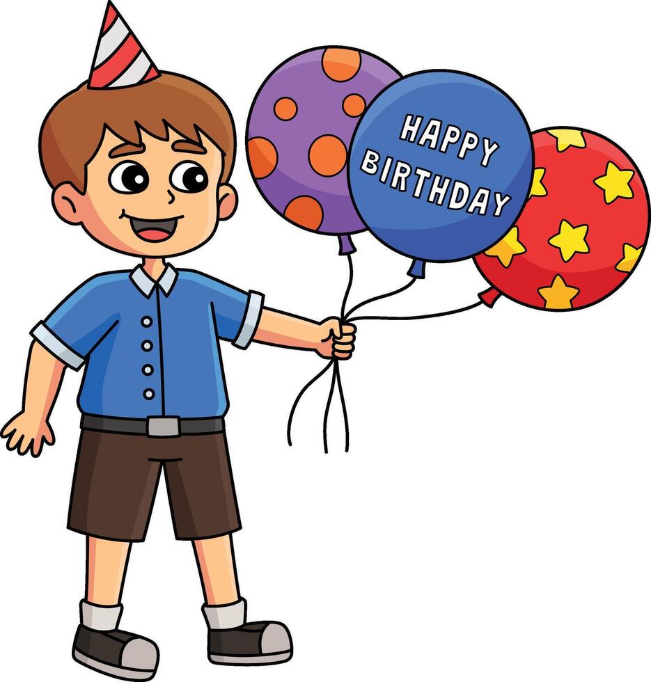 Garoto com feliz aniversário balões desenho animado clipart vetor