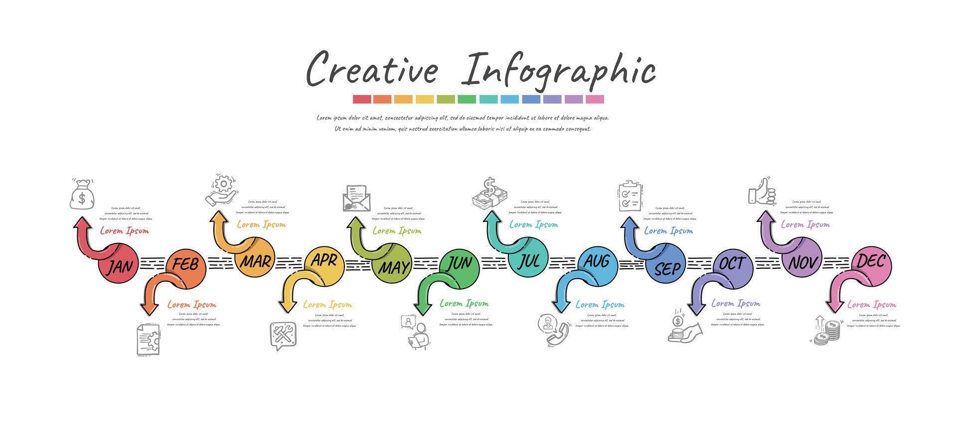 cronograma de 1 ano, 12 meses, infográficos durante todo o mês, planejador de design e apresentação de negócios podem ser usados para o conceito de negócio com 12 opções, etapas ou processos. vetor