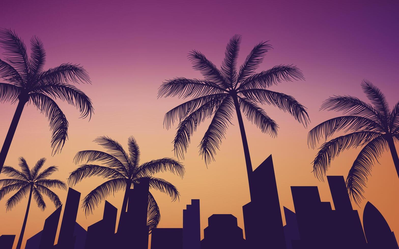 vista do horizonte da cidade silhueta com fundo de palmeiras vetor