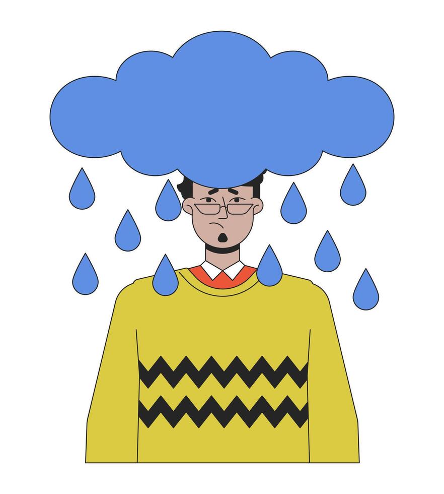 pingos de chuva nuvem acima árabe homem cabeça 2d linear desenho animado personagem. solidão Óculos adulto masculino isolado linha vetor pessoa branco fundo. emocional expressão cor plano local ilustração