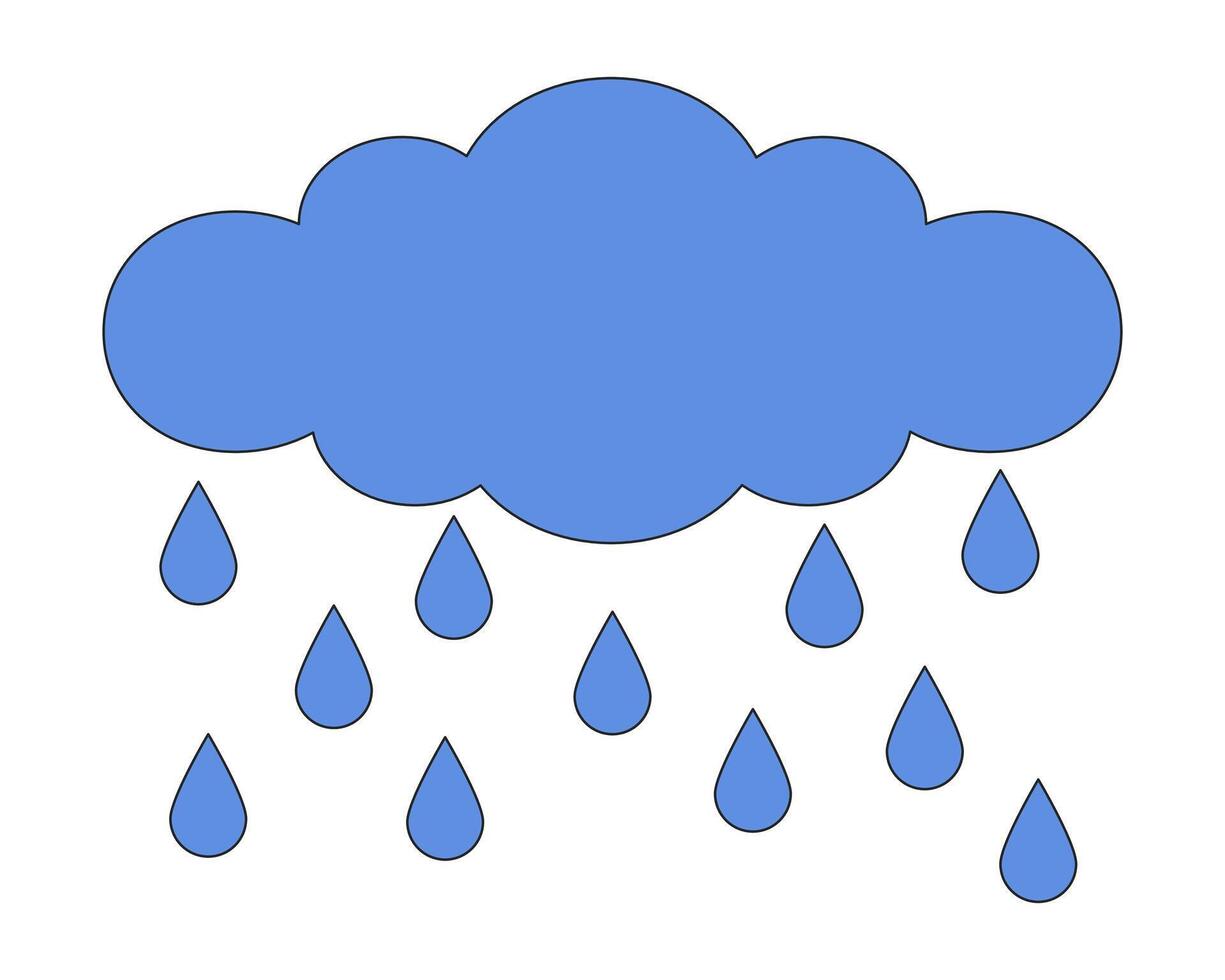 chuvoso nuvem pingos de chuva gotejamento 2d linear desenho animado objeto. chuveiro chuva caindo isolado linha vetor elemento branco fundo. cloudscape água gotas queda cor plano local ilustração