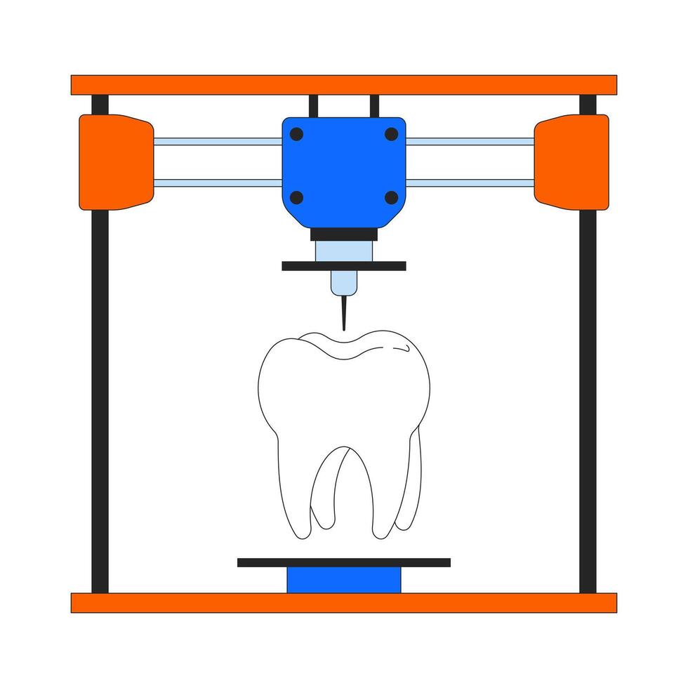 dental implantar dentadura em 3d impressora 2d linear desenho animado objeto. aditivo fabricação dispositivo isolado linha vetor elemento branco fundo. tecnologia tridimensional cor plano local ilustração
