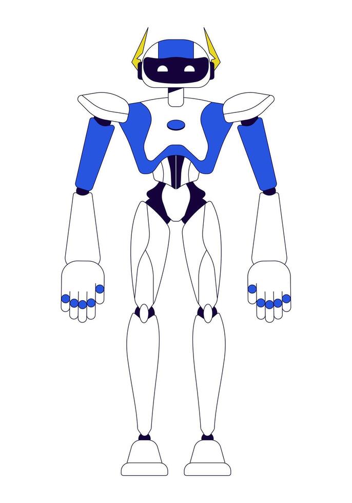 robô 2d linear desenho animado personagem. robótica tecnologia. máquina artificial inteligência isolado linha vetor personagem branco fundo. Programas desenvolvimento integração cor plano local ilustração