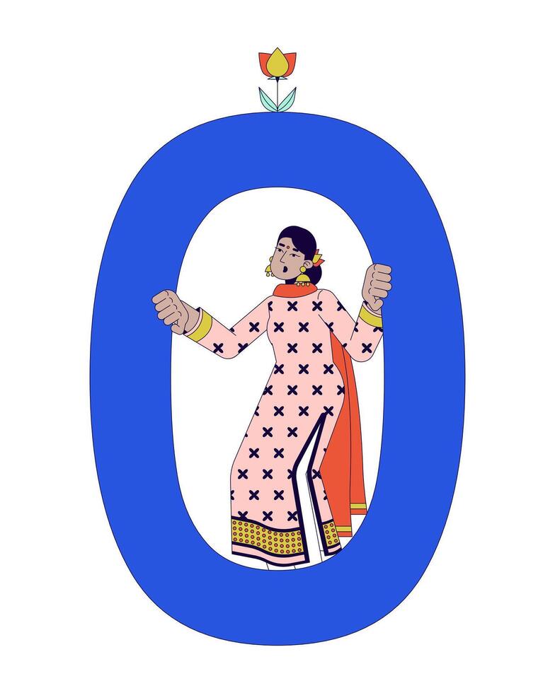 indiano fêmea Programas desenvolvedor 2d linear desenho animado personagem. mulher dentro dígito zero isolado linha vetor pessoa branco fundo. binário código parte dentro programação cor plano local ilustração