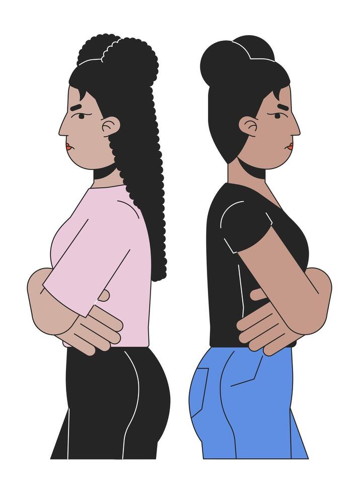 meninas amigos voltado para longe a partir de cada de outros 2d linear desenho animado personagens. disputando adulto mulheres isolado linha vetor pessoas branco fundo. gesto corpo língua cor plano local ilustração