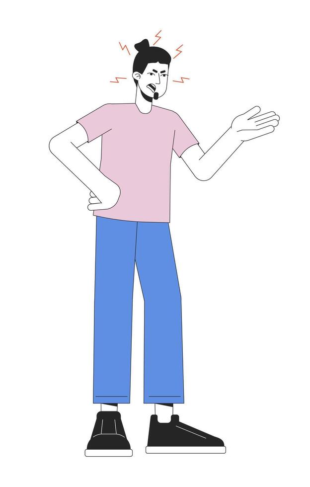 caucasiano homem brigas 2d linear desenho animado personagem. mau humor adulto cara isolado linha vetor pessoa branco fundo. gesto corpo linguagem, emocional expressão cor plano local ilustração