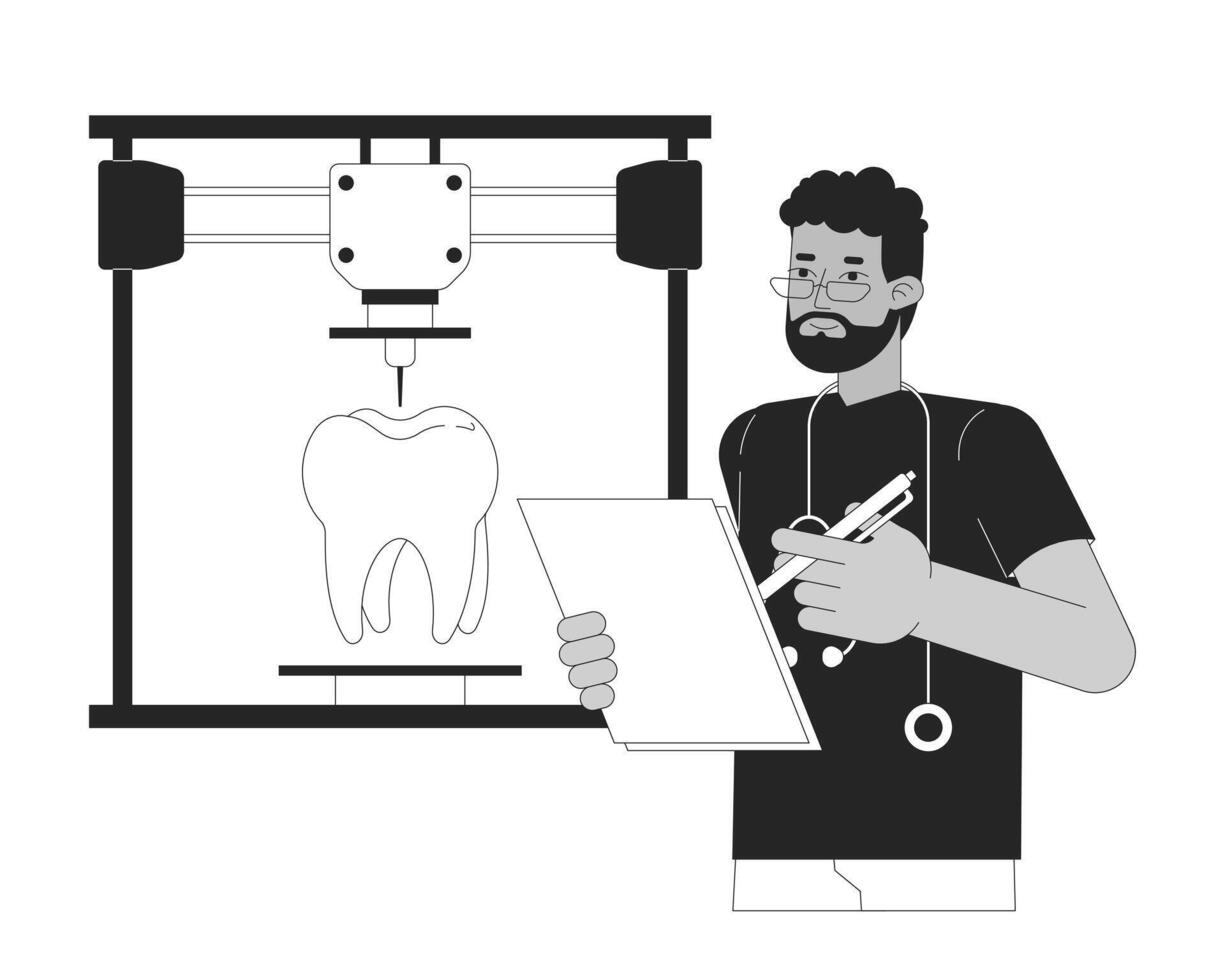 3d impressão do humano dente Preto e branco desenho animado plano ilustração vetor