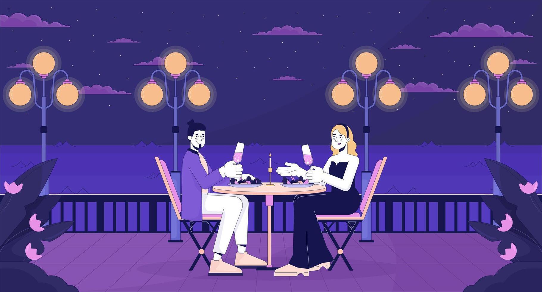 romântico restaurante perto beira-mar linha desenho animado plano ilustração. lua de mel heterossexual casal queda dentro amor 2d lineart paisagem aquática fundo. beira-mar jantar. lo fi vibrações cena vetor cor imagem