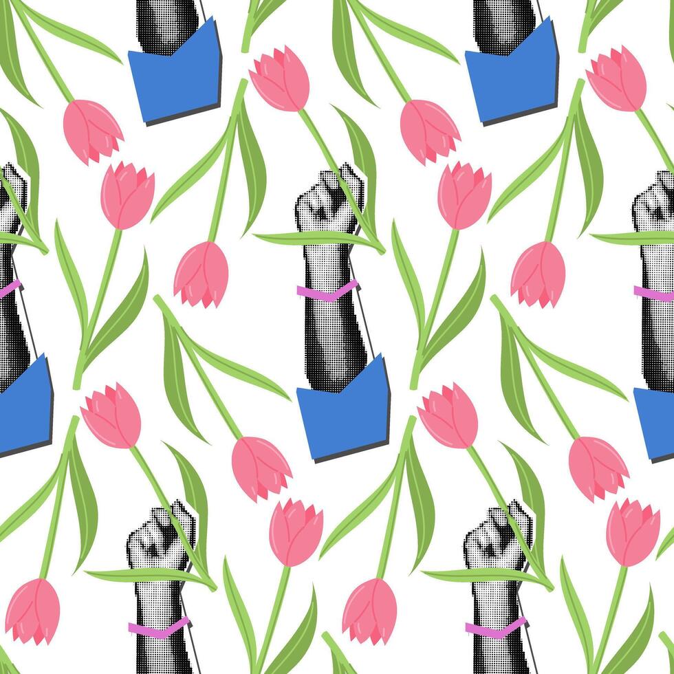 padronizar do uma mulher mão em repetir com uma flor. vetor ilustração do fêmea mãos segurando flores em branco. elegante floral textura com tulipas. internacional mulheres dia. pontos, grunge, colagem