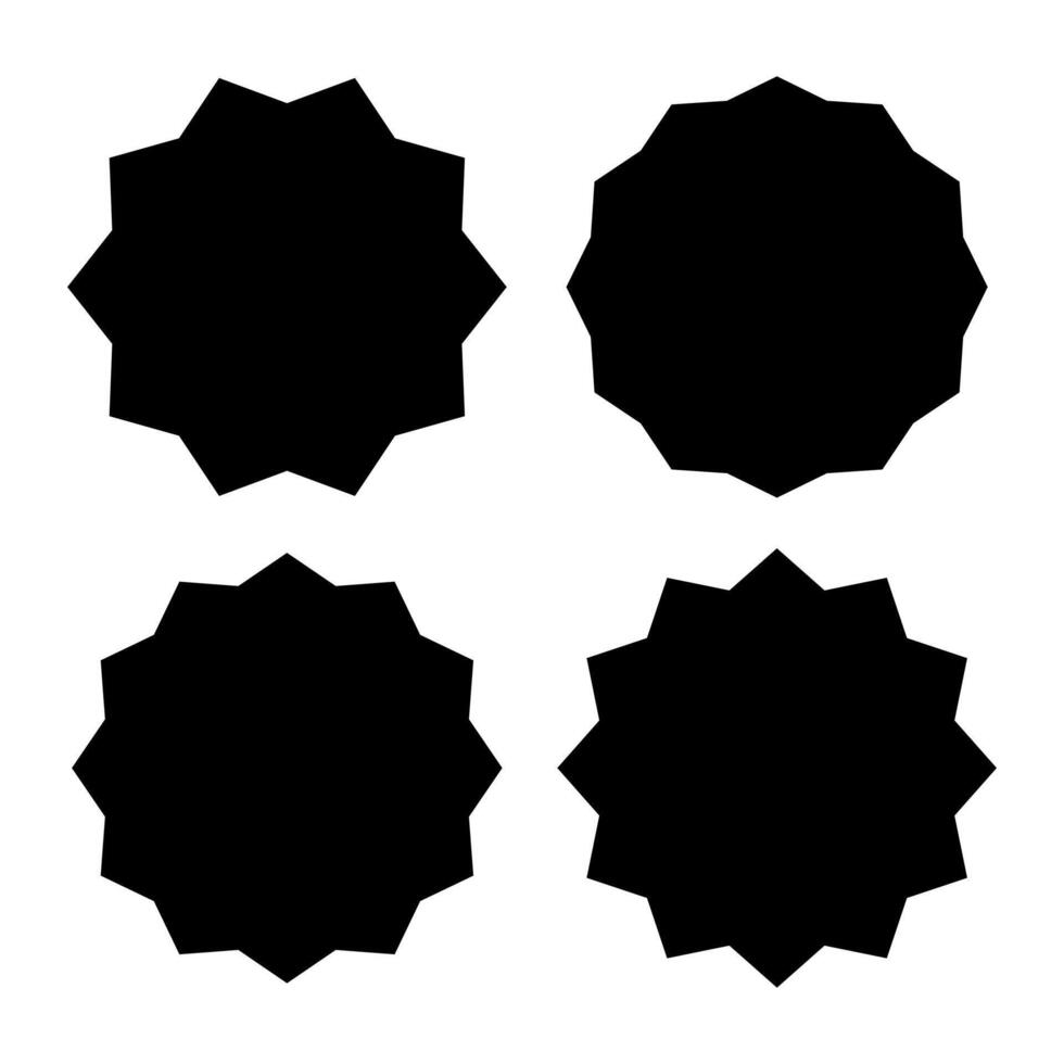 4 Preto em forma de estrela quadros com diferente número do raios para crio único adesivos com seu texto, para único e moderno projeto, impressão e rede Projeto vetor