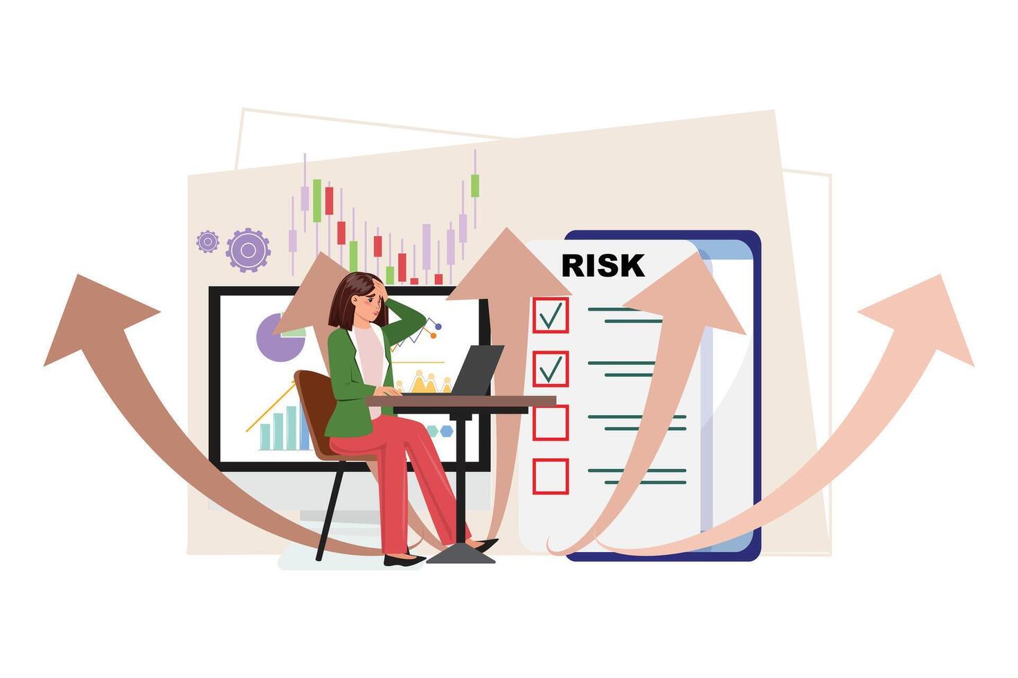 mulher às dela mesa, trabalhando em dela computador portátil. frustração, determinação, tomando uma decisão processo e Móvel aplicativo, risco gerenciamento, investimento e uma monitor exibindo dados e análise em a fundo. vetor