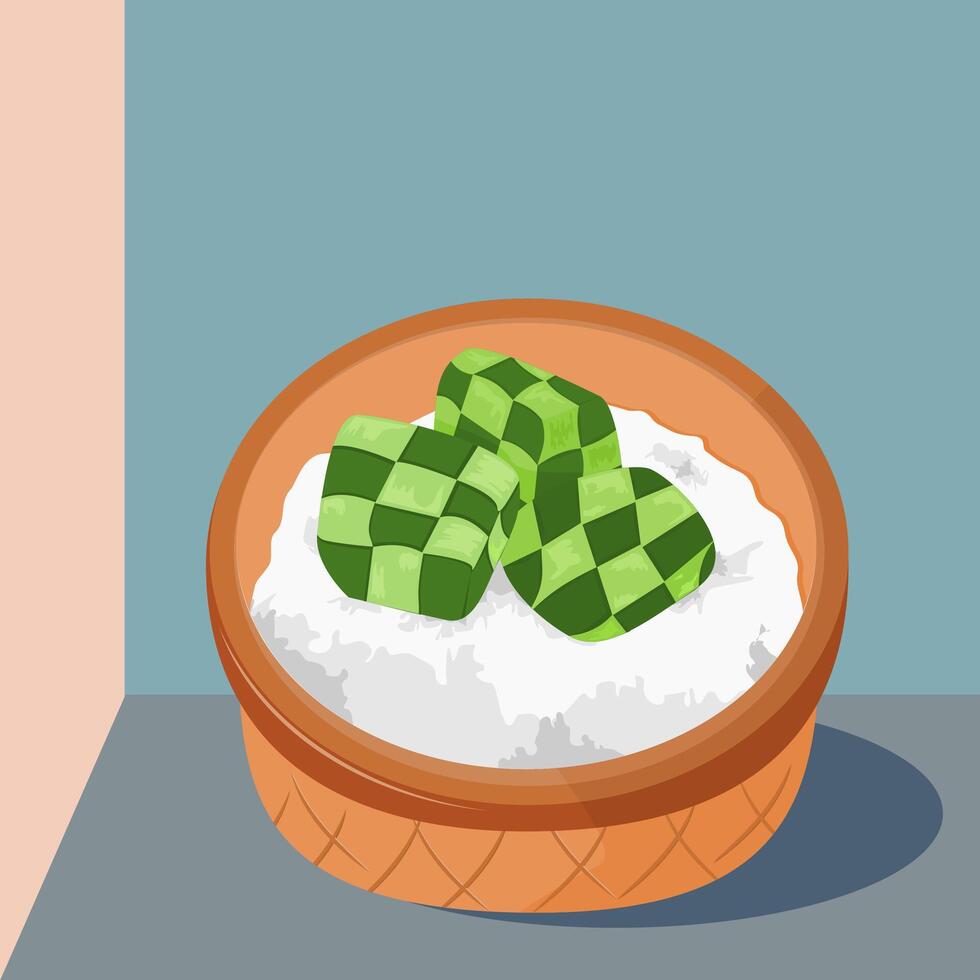 ketupat vetor arte apresentando arroz dentro uma tradicional cesta