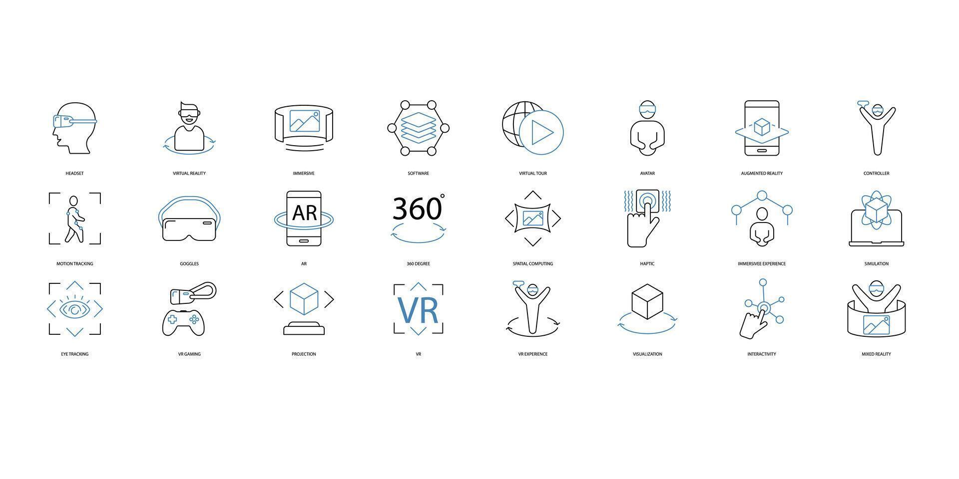 virtual realidade ícones definir. conjunto do editável acidente vascular encefálico icons.vector conjunto do virtual realidade vetor