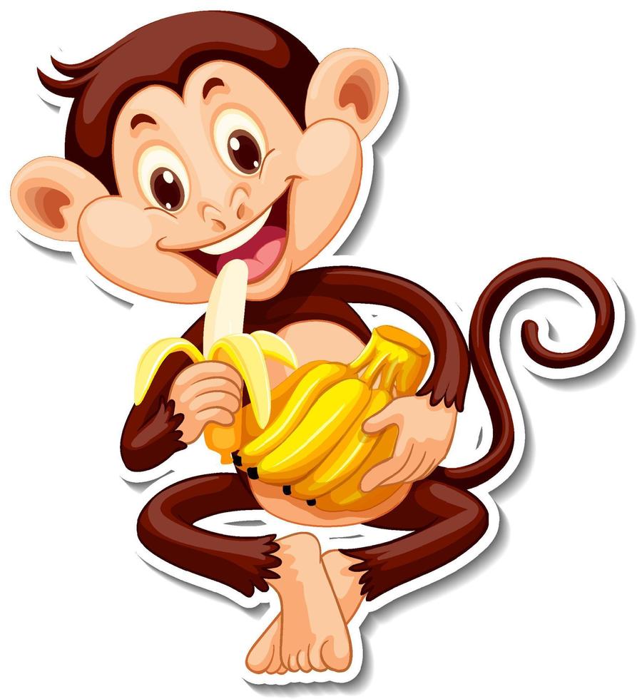 Adesivo de macaco comendo banana com personagem de desenho animado vetor