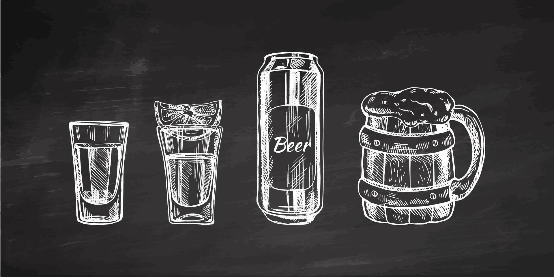 uma conjunto do desenhado à mão esboços do álcool bebidas em quadro-negro fundo. vetor ilustração dentro vintage estilo. bebidas. Boa para a cardápio.