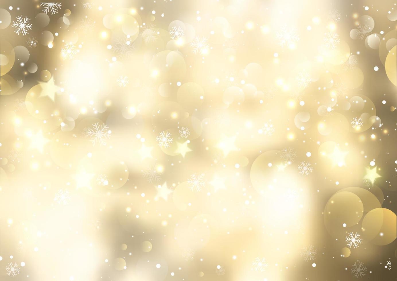 fundo dourado de natal com flocos de neve e luzes bokeh vetor