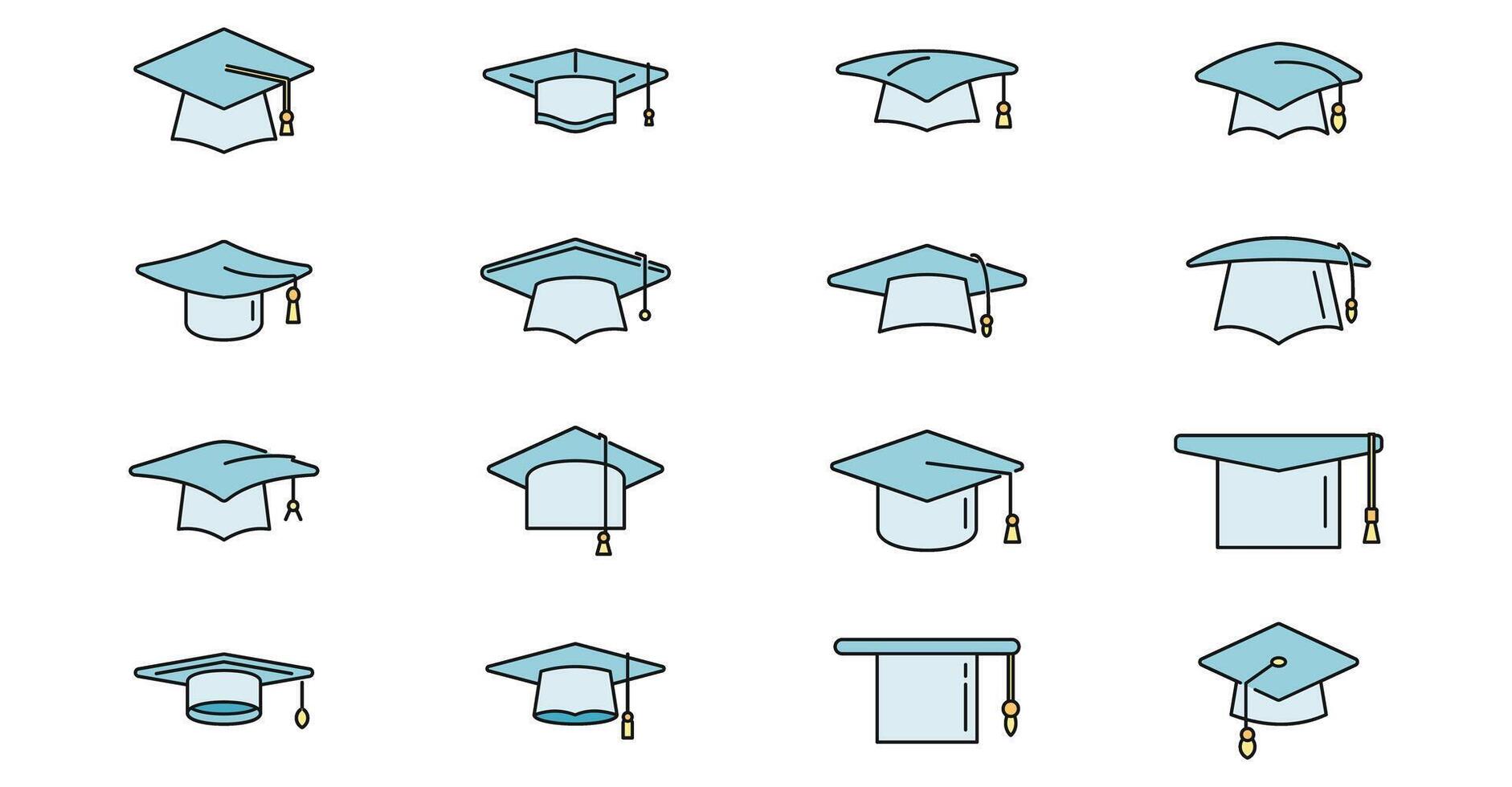 Academia graduação chapéu ícones conjunto vetor cor linha