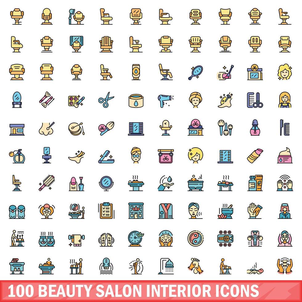 100 beleza salão interior ícones definir, cor linha estilo vetor