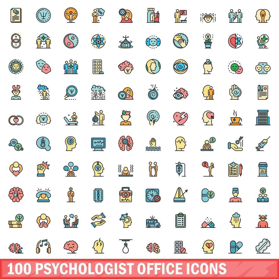 100 psicólogo escritório ícones definir, cor linha estilo vetor