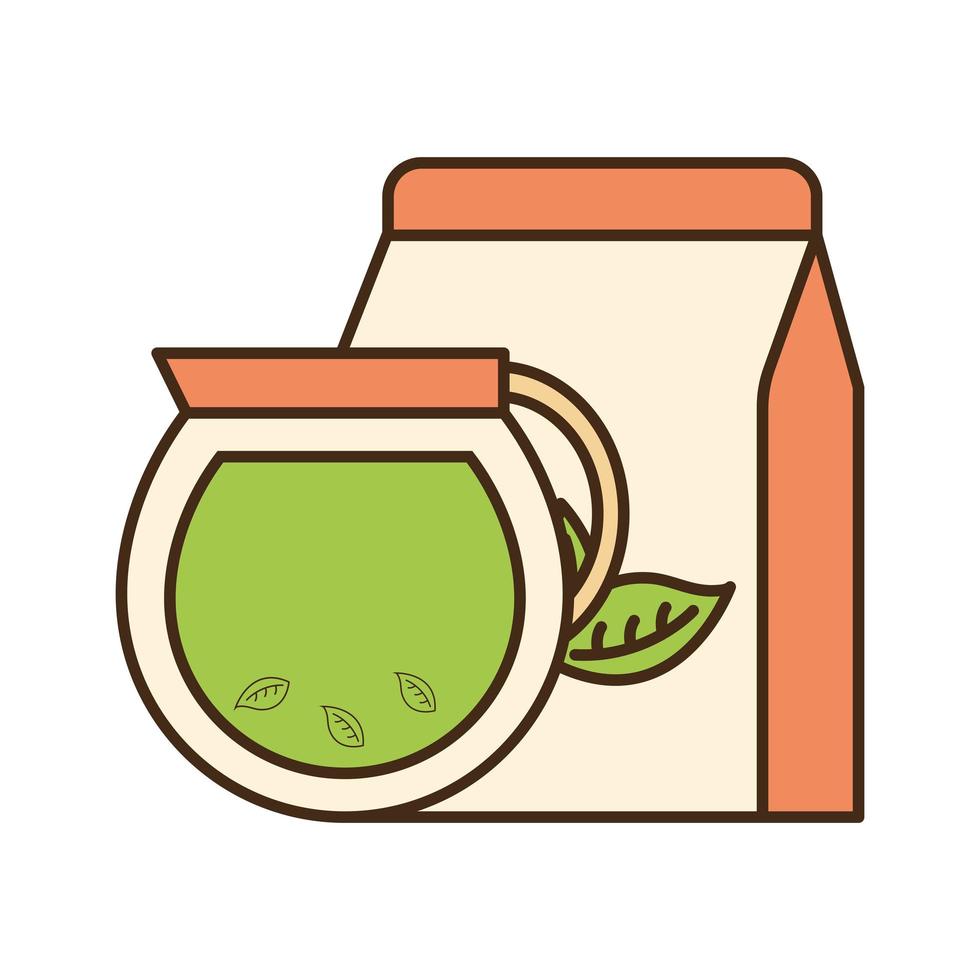 bule de chá com folhas e linha de saco e desenho de vetor de ícone de estilo de preenchimento